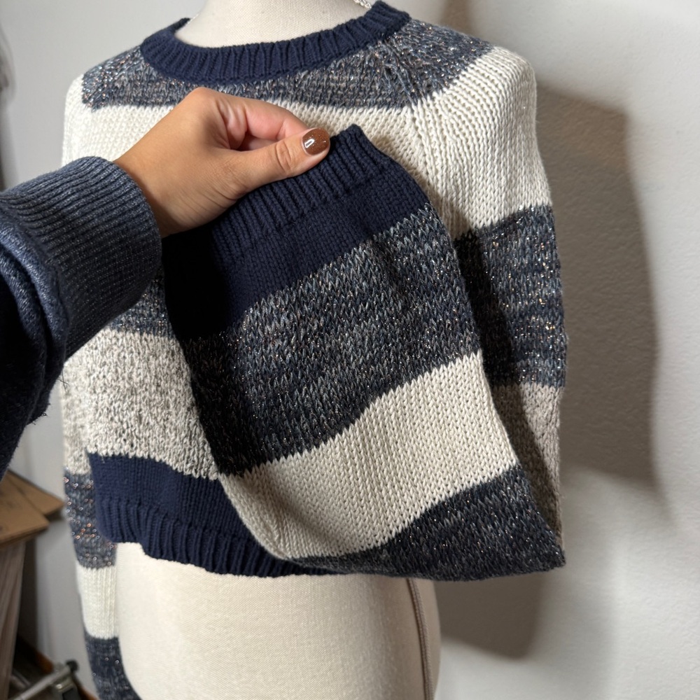 Brunello Cucinelli Cropped Striped Sweater Blue White Metallic Knit Size S - Picture 3 of 9
